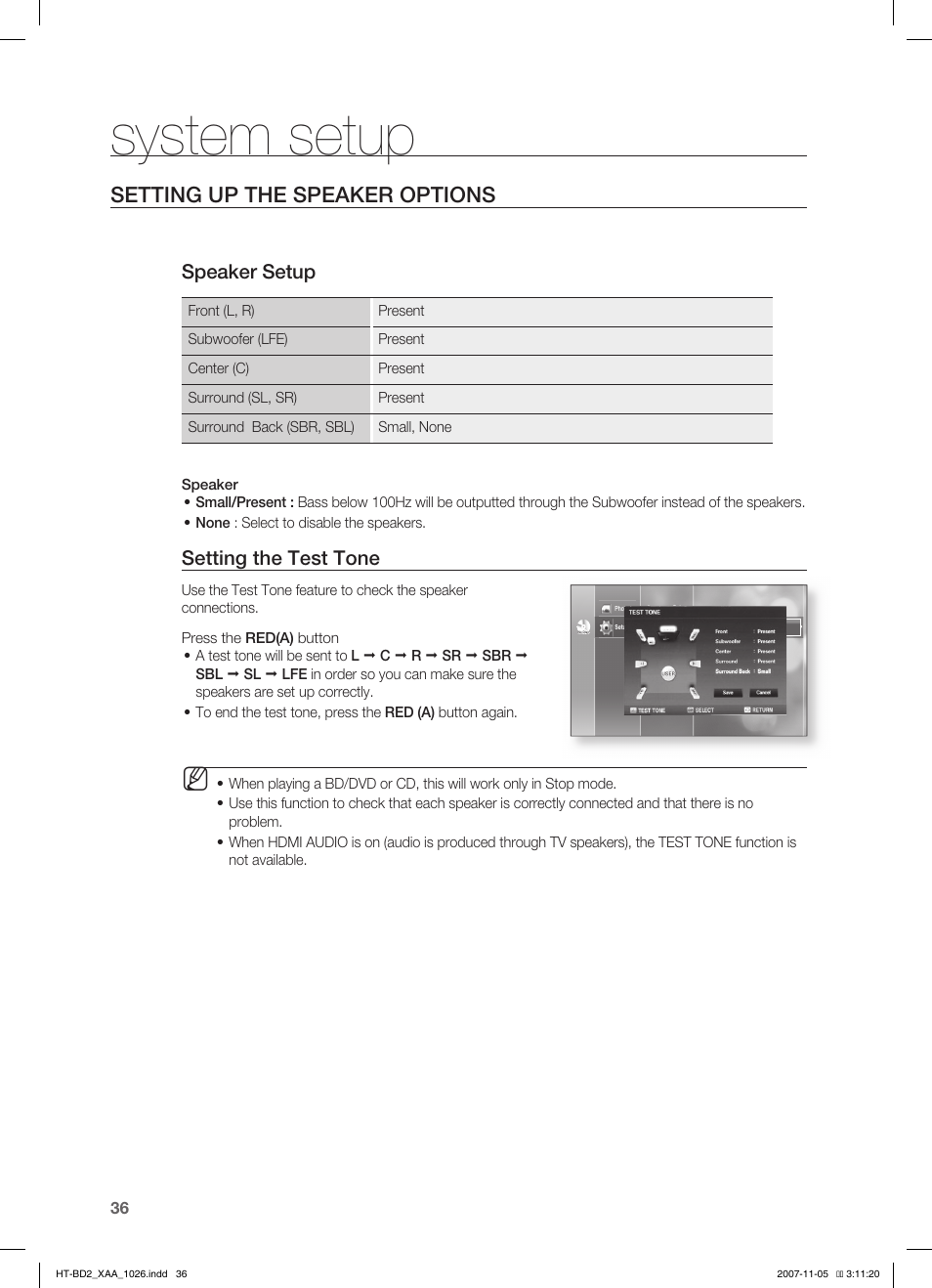 Setting up the speaker options, System setup, Speaker setup | Setting the test tone | Samsung HT-BD2T-XAA User Manual | Page 37 / 72
