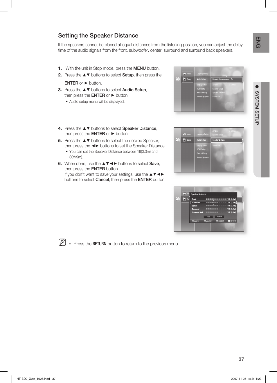 Setting the speaker distance, System setup | Samsung HT-BD2T-XAA User Manual | Page 38 / 72