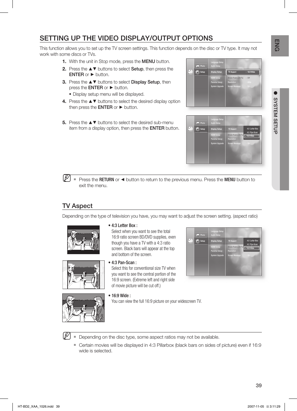 Setting up the video display/output options, Tv aspect, System setup | Samsung HT-BD2T-XAA User Manual | Page 40 / 72
