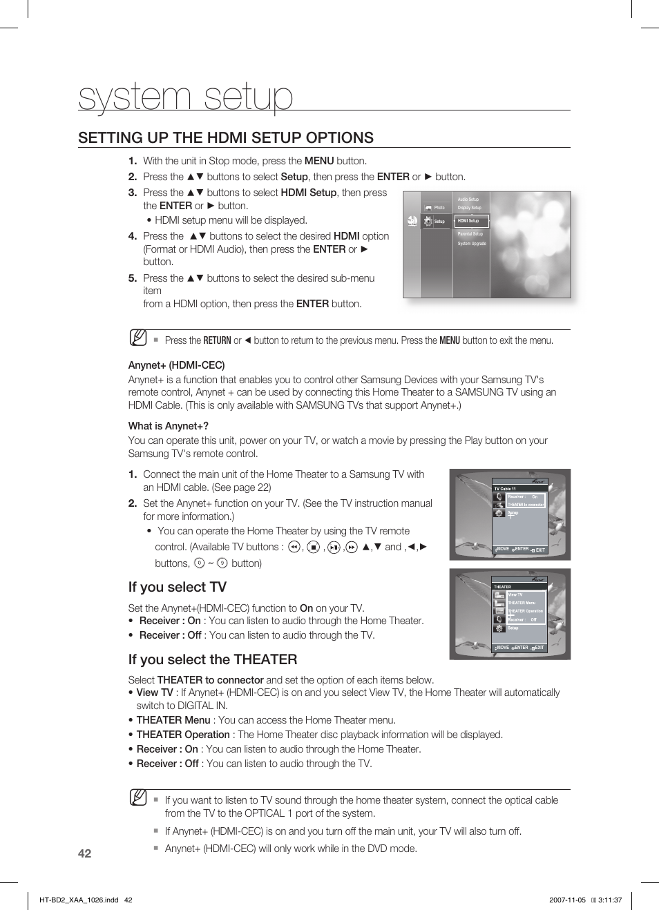 Setting up the hdmi setup options, System setup, If you select tv | If you select the theater, And , _ , + buttons, Button) | Samsung HT-BD2T-XAA User Manual | Page 43 / 72