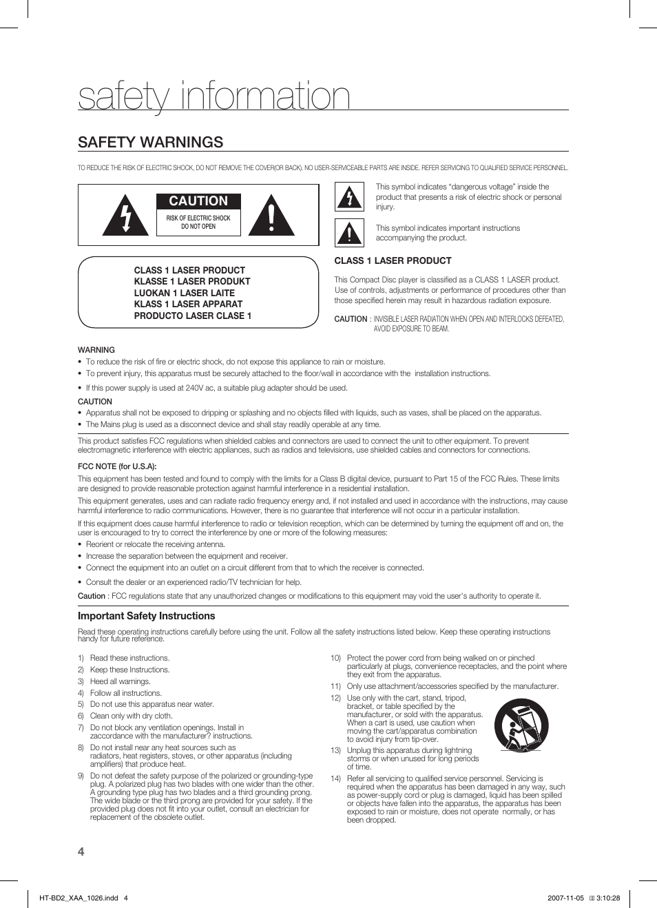 Safety information, Safety warnings, Caution | Samsung HT-BD2T-XAA User Manual | Page 5 / 72