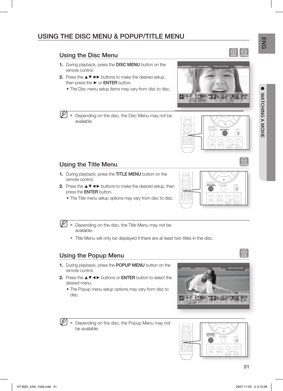 Using the disc menu & popup/title menu, Using the disc menu, Using the title menu | Using the popup menu | Samsung HT-BD2T-XAA User Manual | Page 52 / 72
