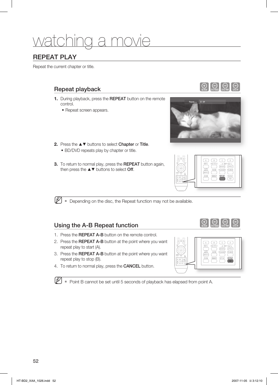Repeat play, Watching a movie, Hzcv | Samsung HT-BD2T-XAA User Manual | Page 53 / 72