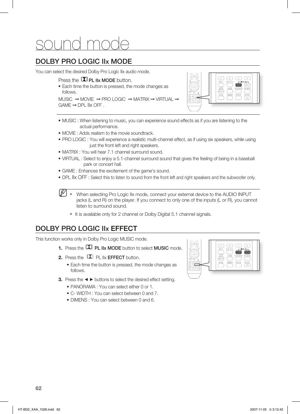 Dolby pro logic iix mode, Dolby pro logic iix effect, Sound mode | Dolby pro logic ii, Mode, Effect | Samsung HT-BD2T-XAA User Manual | Page 63 / 72