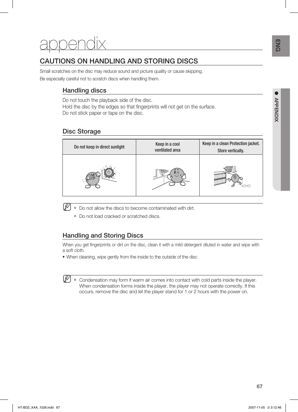 Appendix, Cautions on handling and storing discs | Samsung HT-BD2T-XAA User Manual | Page 68 / 72