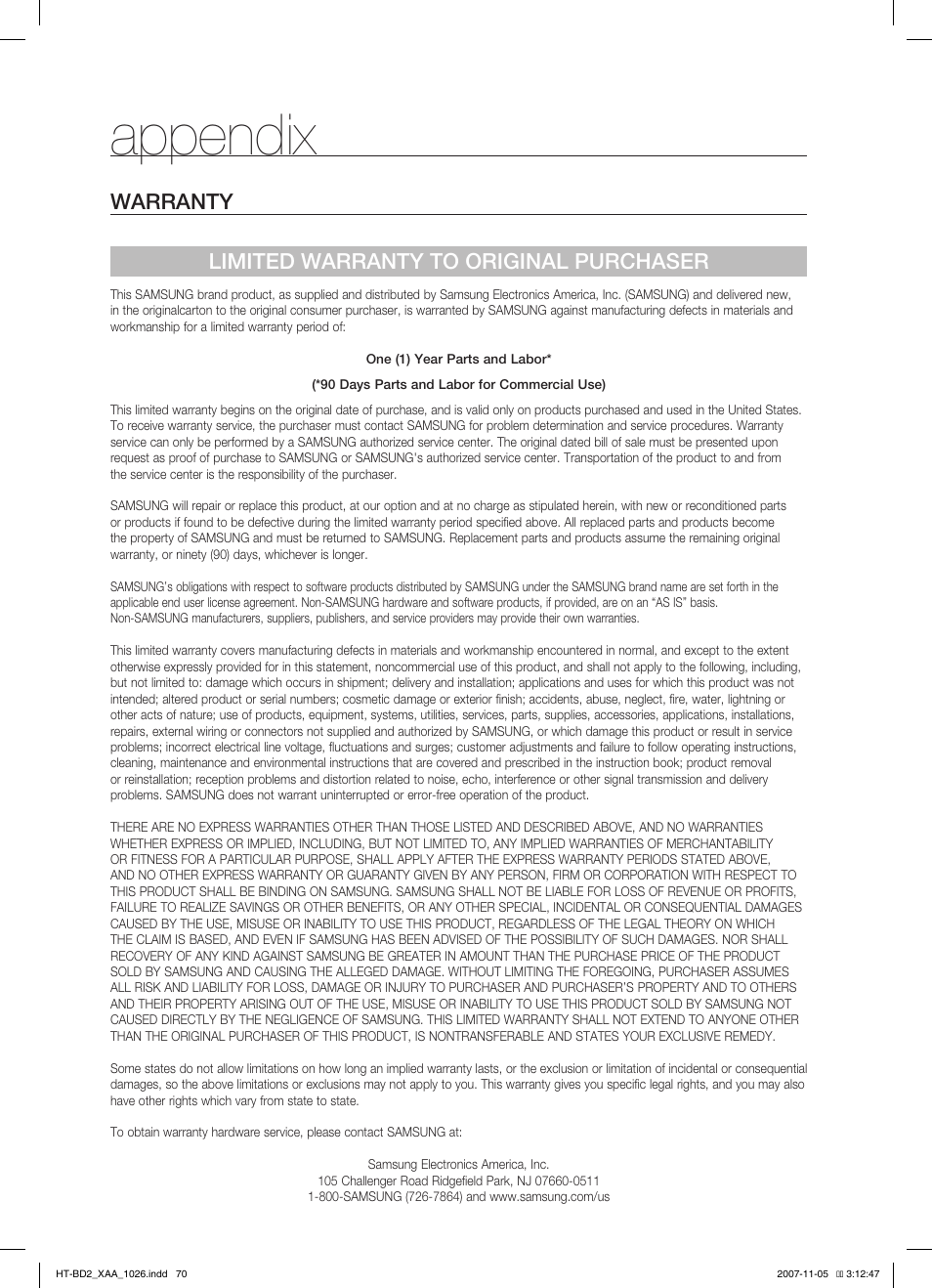 Waranty, Appendix, Warranty limited warranty to original purchaser | Samsung HT-BD2T-XAA User Manual | Page 71 / 72