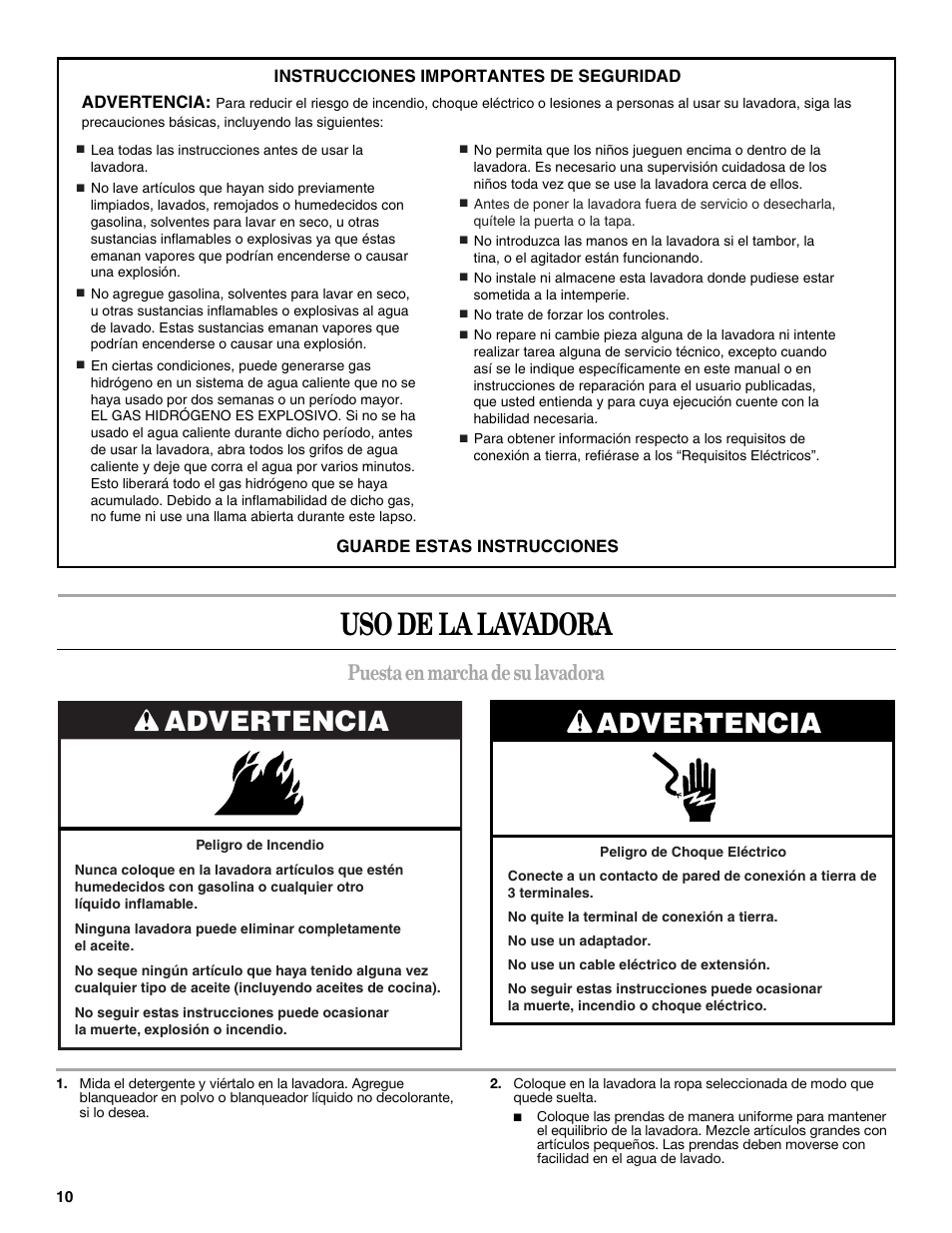 Uso de la lavadora, Advertencia, Puesta en marcha de su lavadora | Amana W10092679 User Manual | Page 10 / 24