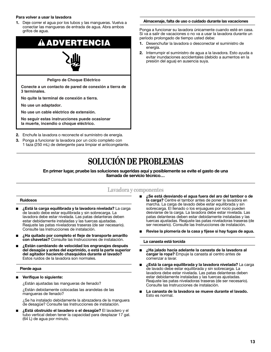 Solución de problemas, Advertencia, Lavadora y componentes | Amana W10092679 User Manual | Page 13 / 24