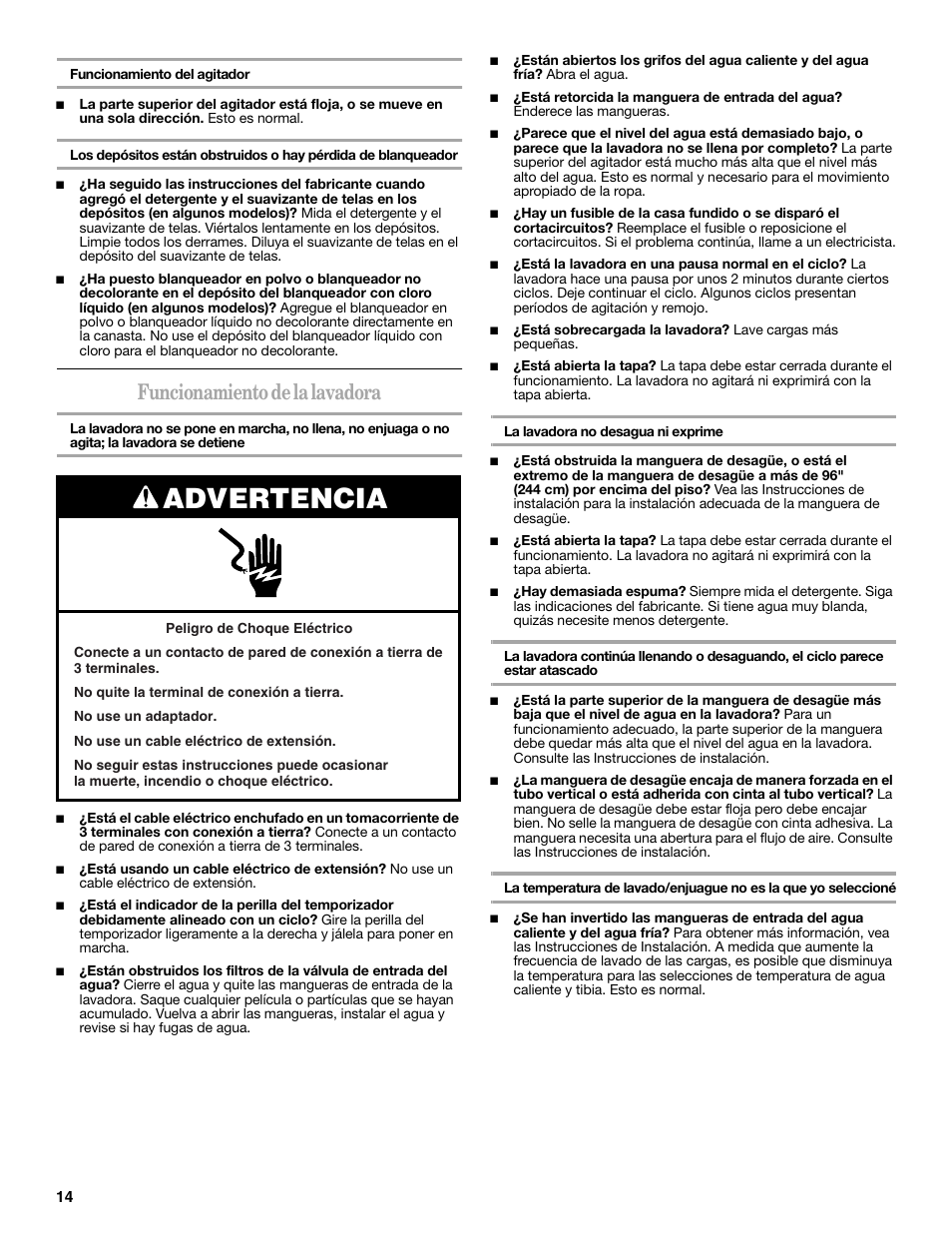 Advertencia, Funcionamiento de la lavadora | Amana W10092679 User Manual | Page 14 / 24