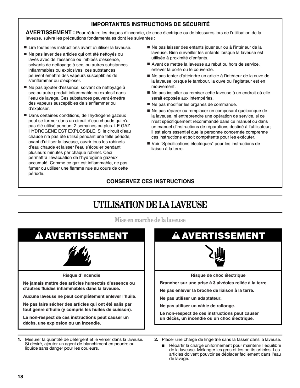 Utilisation de la laveuse, Avertissement, Mise en marche de la laveuse | Amana W10092679 User Manual | Page 18 / 24