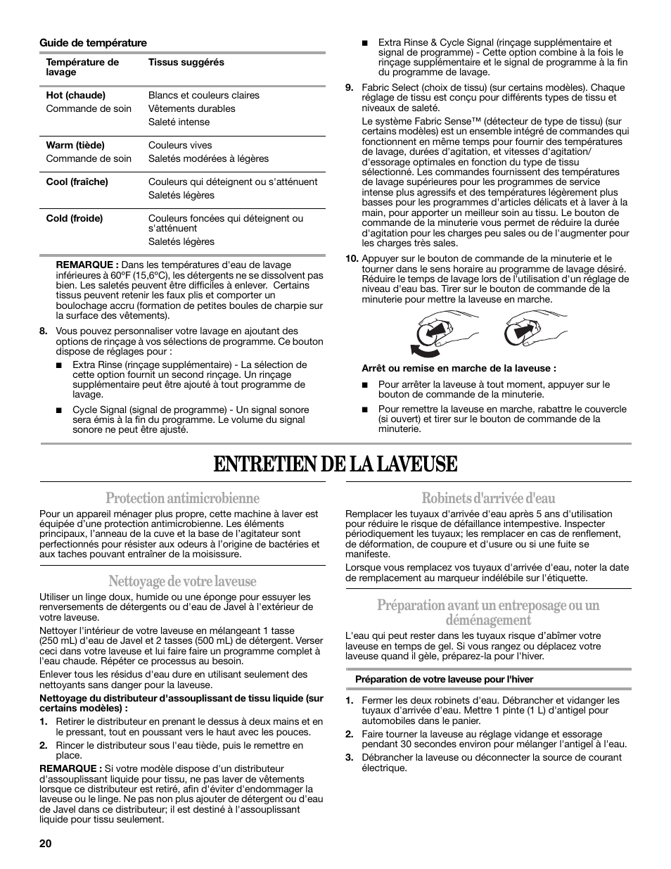 Entretien de la laveuse, Protection antimicrobienne, Nettoyage de votre laveuse | Robinets d'arrivée d'eau | Amana W10092679 User Manual | Page 20 / 24