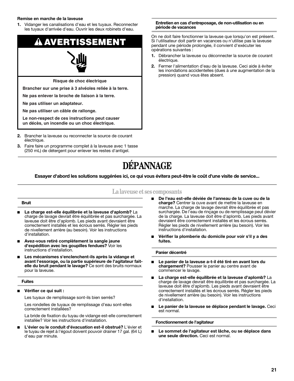 Dépannage, Avertissement, La laveuse et ses composants | Amana W10092679 User Manual | Page 21 / 24