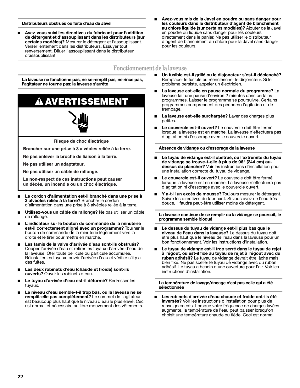 Avertissement, Fonctionnement de la laveuse | Amana W10092679 User Manual | Page 22 / 24