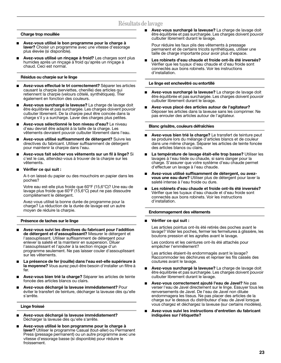 Résultats de lavage | Amana W10092679 User Manual | Page 23 / 24