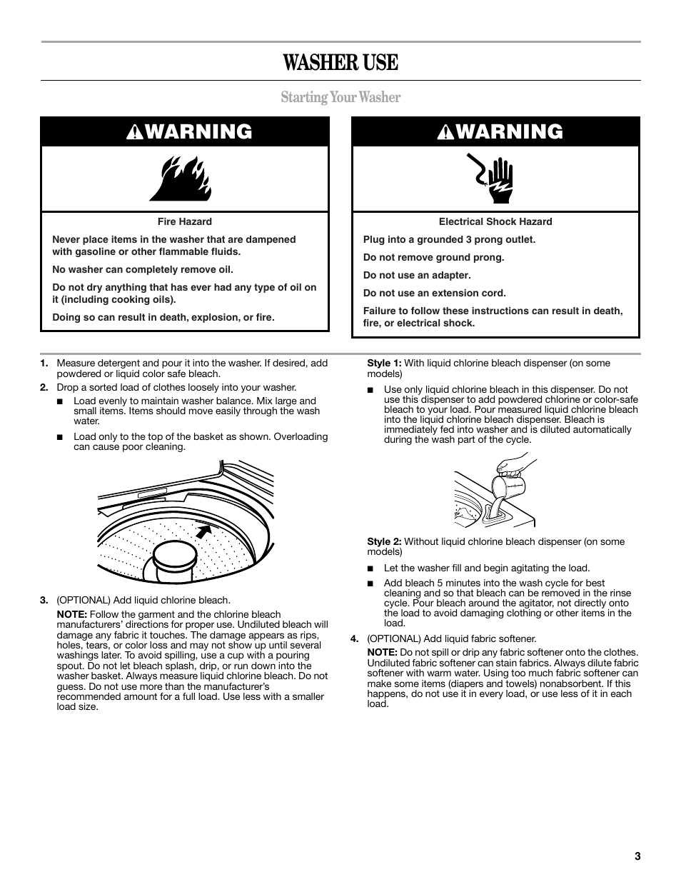 Washer use, Warning, Starting your washer | Amana W10092679 User Manual | Page 3 / 24