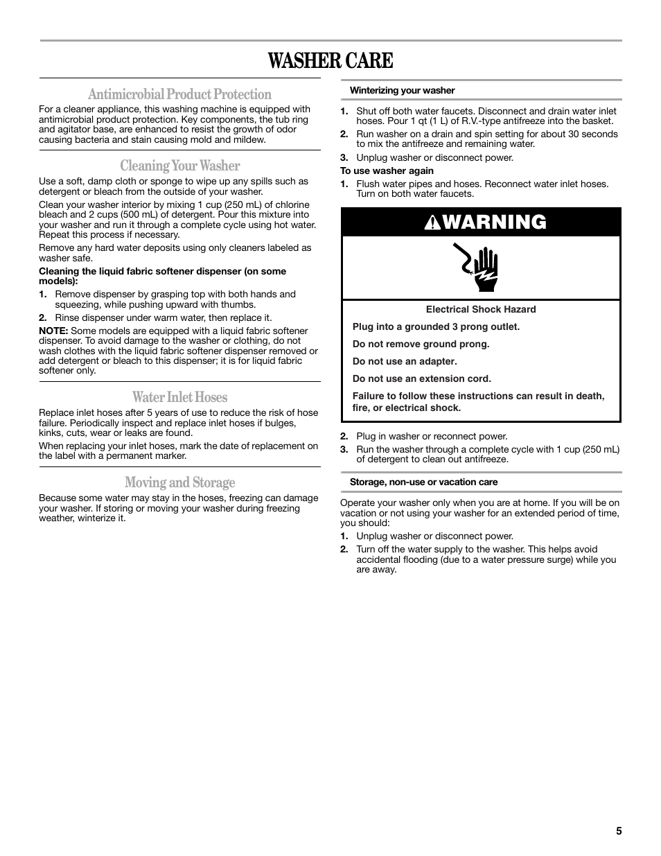 Washer care, Warning, Antimicrobial product protection | Cleaning your washer, Water inlet hoses, Moving and storage | Amana W10092679 User Manual | Page 5 / 24