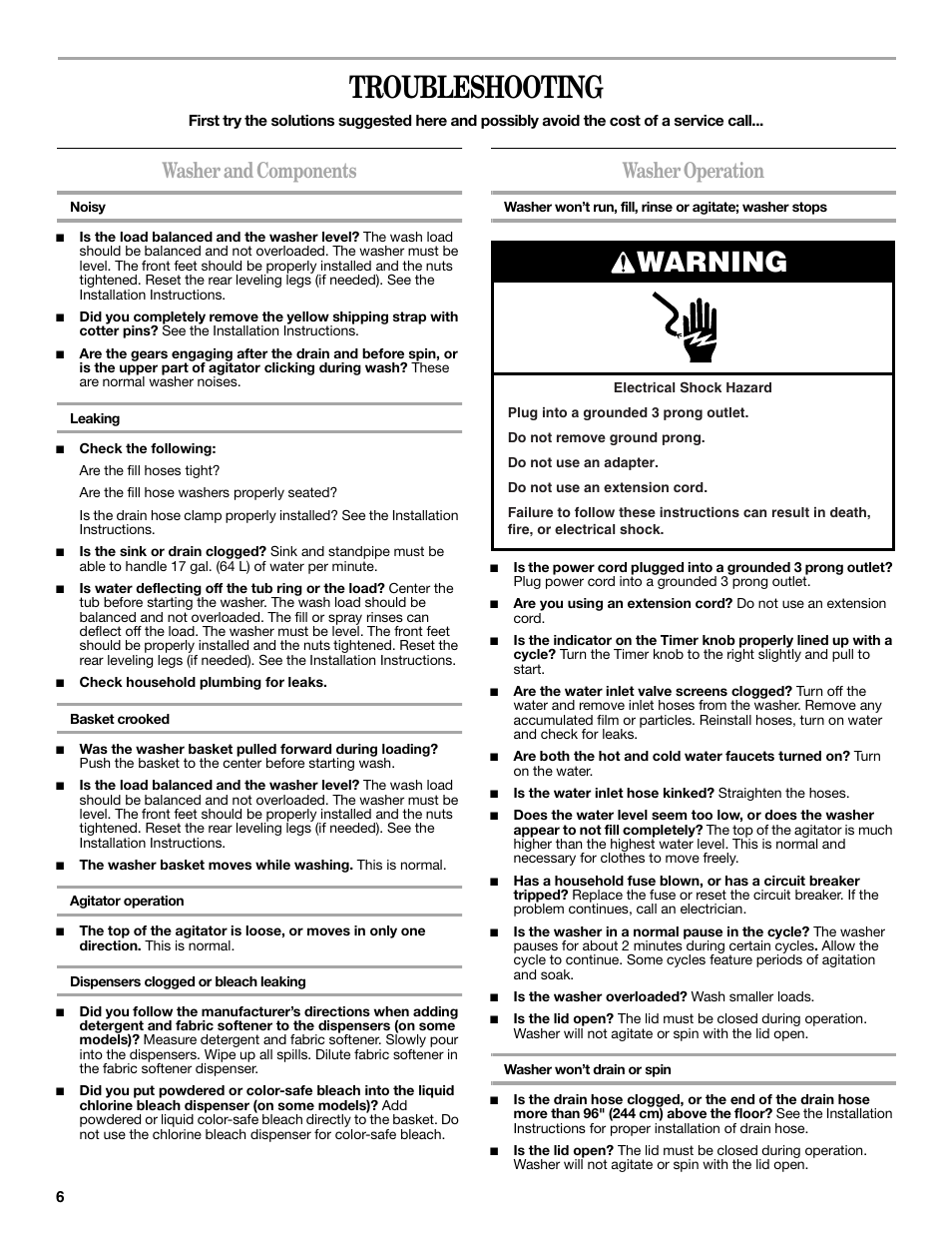 Troubleshooting, Warning, Washer and components | Washer operation | Amana W10092679 User Manual | Page 6 / 24