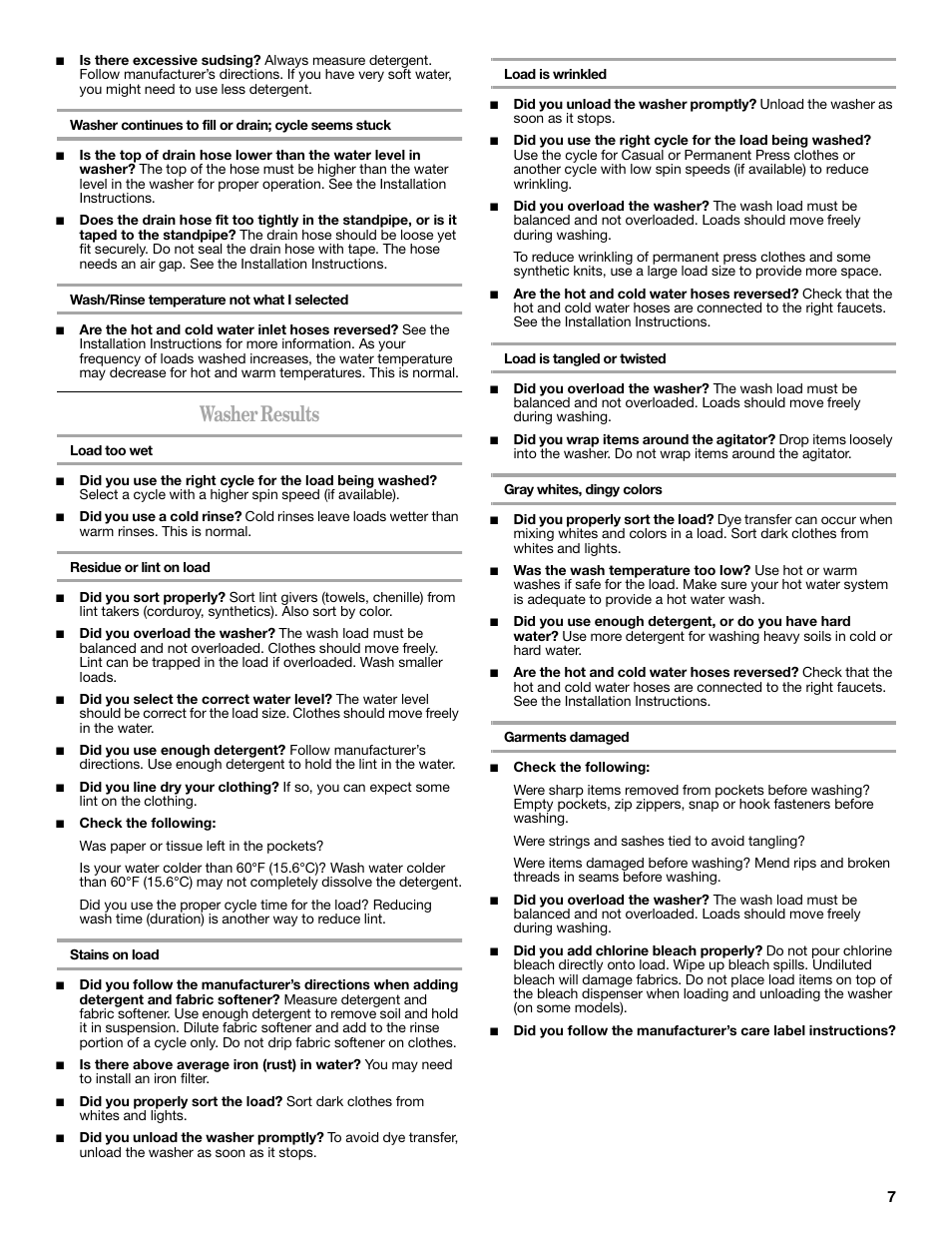 Washer results | Amana W10092679 User Manual | Page 7 / 24