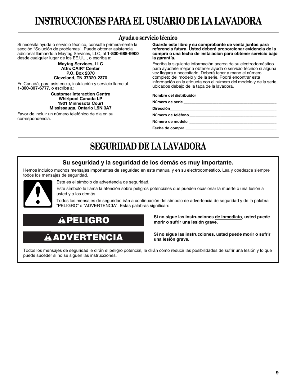 Instrucciones para el usuario de la lavadora, Seguridad de la lavadora, Advertencia peligro | Ayuda o servicio técnico | Amana W10092679 User Manual | Page 9 / 24