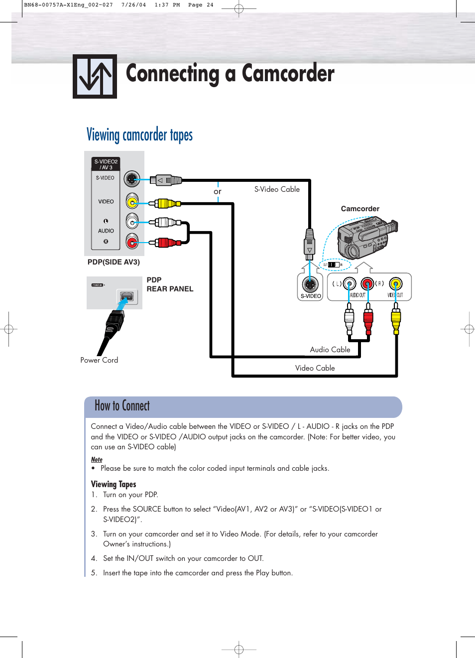 Connecting a camcorder, Viewing camcorder tapes, How to connect | Samsung HPP4271X-XAA User Manual | Page 7 / 9