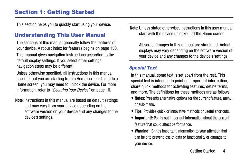 Section 1: getting started, Understanding this user manual | Samsung SM-P905VZKAVZW User Manual | Page 10 / 158