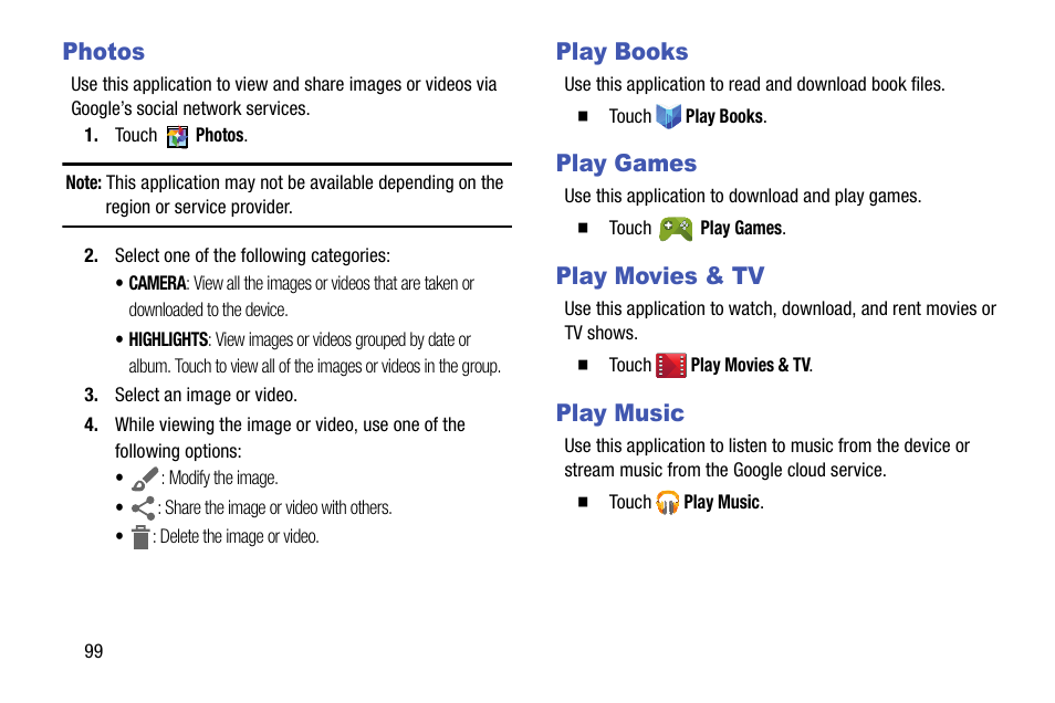 Photos, Play books, Play games | Play movies & tv, Play music | Samsung SM-P905VZKAVZW User Manual | Page 105 / 158