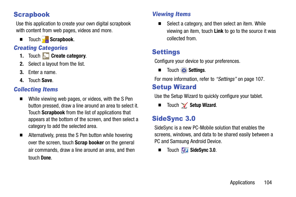 Scrapbook, Settings, Setup wizard | Sidesync 3.0, Scrapbook settings setup wizard sidesync 3.0 | Samsung SM-P905VZKAVZW User Manual | Page 110 / 158
