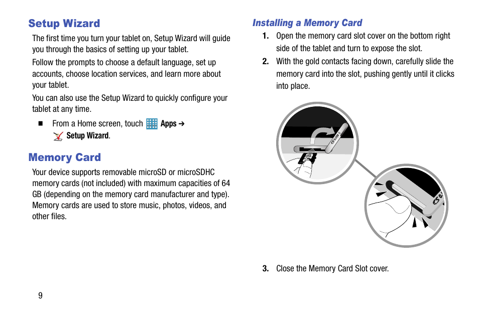 Setup wizard, Memory card, Setup wizard memory card | Samsung SM-P905VZKAVZW User Manual | Page 15 / 158