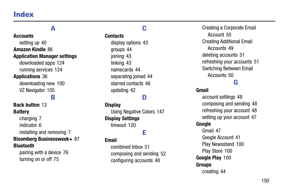 Index | Samsung SM-P905VZKAVZW User Manual | Page 156 / 158