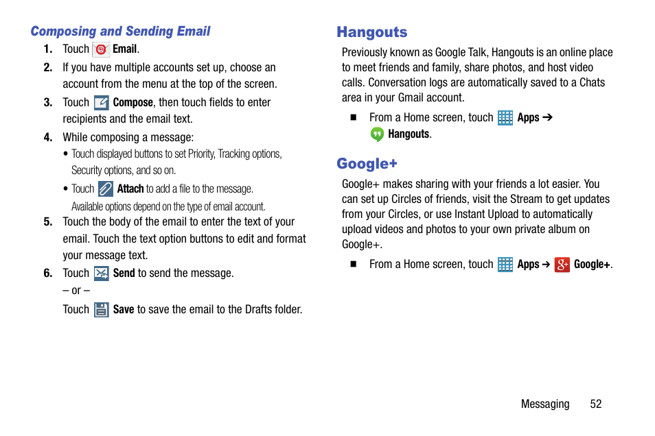 Hangouts, Google, Hangouts google | Samsung SM-P905VZKAVZW User Manual | Page 58 / 158