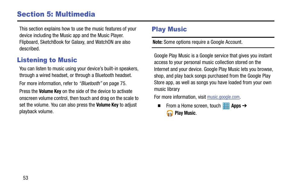 Section 5: multimedia, Listening to music, Play music | Listening to music play music | Samsung SM-P905VZKAVZW User Manual | Page 59 / 158