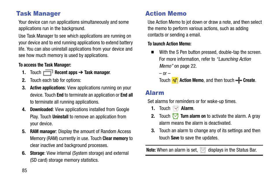 Task manager, Action memo, Alarm | Task manager action memo alarm | Samsung SM-P905VZKAVZW User Manual | Page 91 / 158