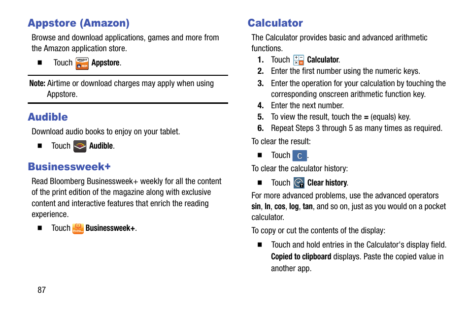 Appstore (amazon), Audible, Businessweek | Calculator, Appstore (amazon) audible, Businessweek+ calculator | Samsung SM-P905VZKAVZW User Manual | Page 93 / 158