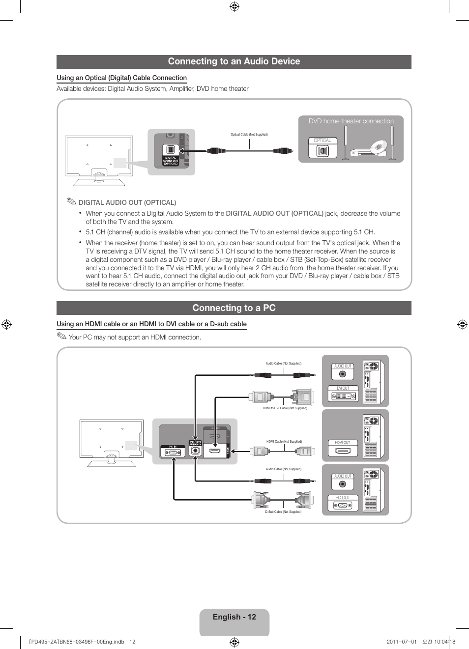 Connecting to an audio device, Connecting to a pc | Samsung PN51D495A6DXZA User Manual | Page 12 / 21
