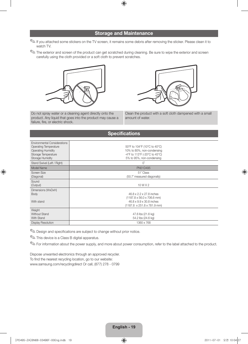 Storage and maintenance, Specifications | Samsung PN51D495A6DXZA User Manual | Page 19 / 21