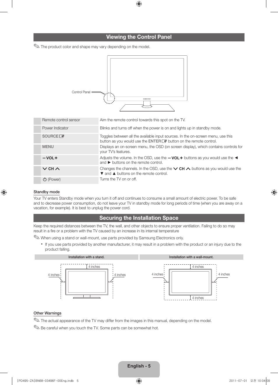 Viewing the control panel, Securing the installation space | Samsung PN51D495A6DXZA User Manual | Page 5 / 21