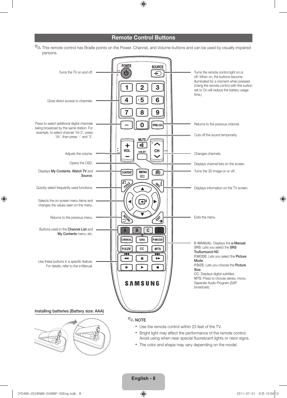 Remote control buttons | Samsung PN51D495A6DXZA User Manual | Page 8 / 21