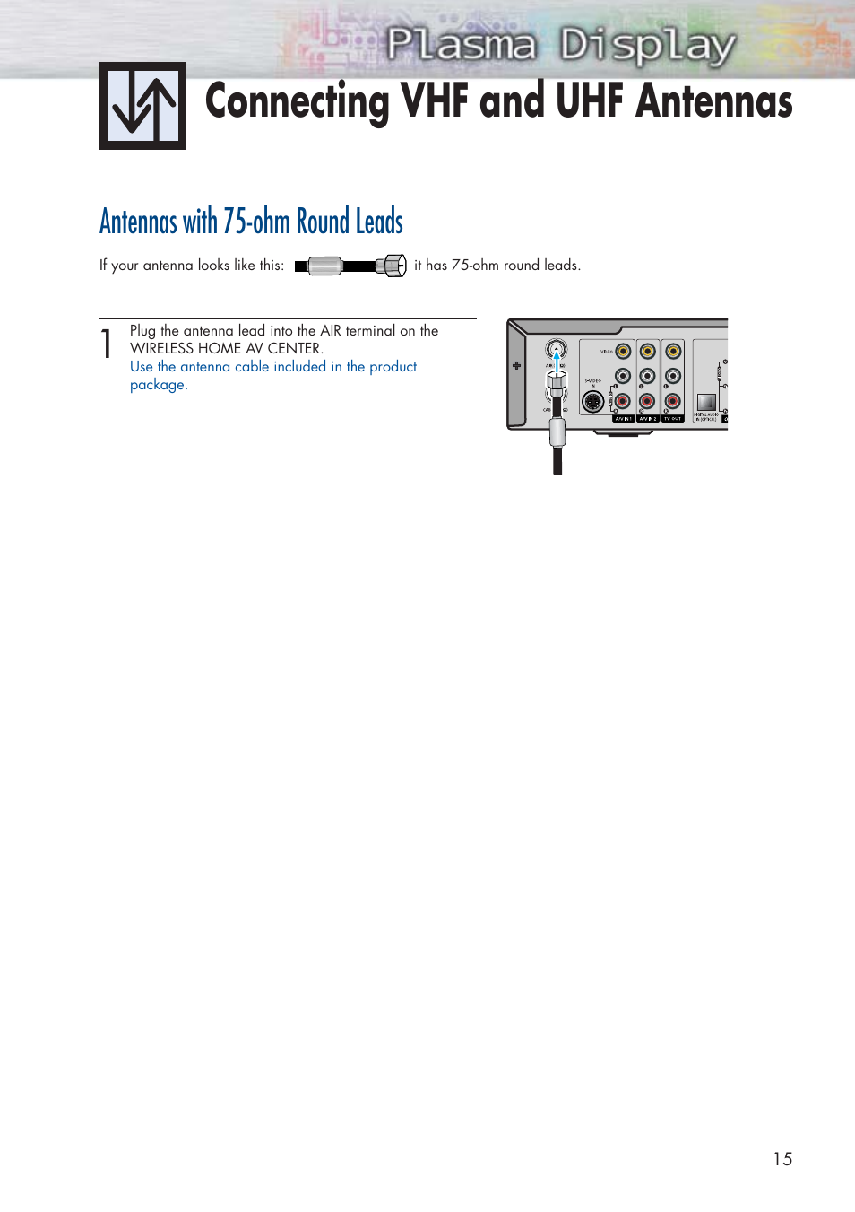 Connecting vhf and uhf antennas, Antennas with 75-ohm round leads | Samsung HPP5091X-XAA User Manual | Page 15 / 84