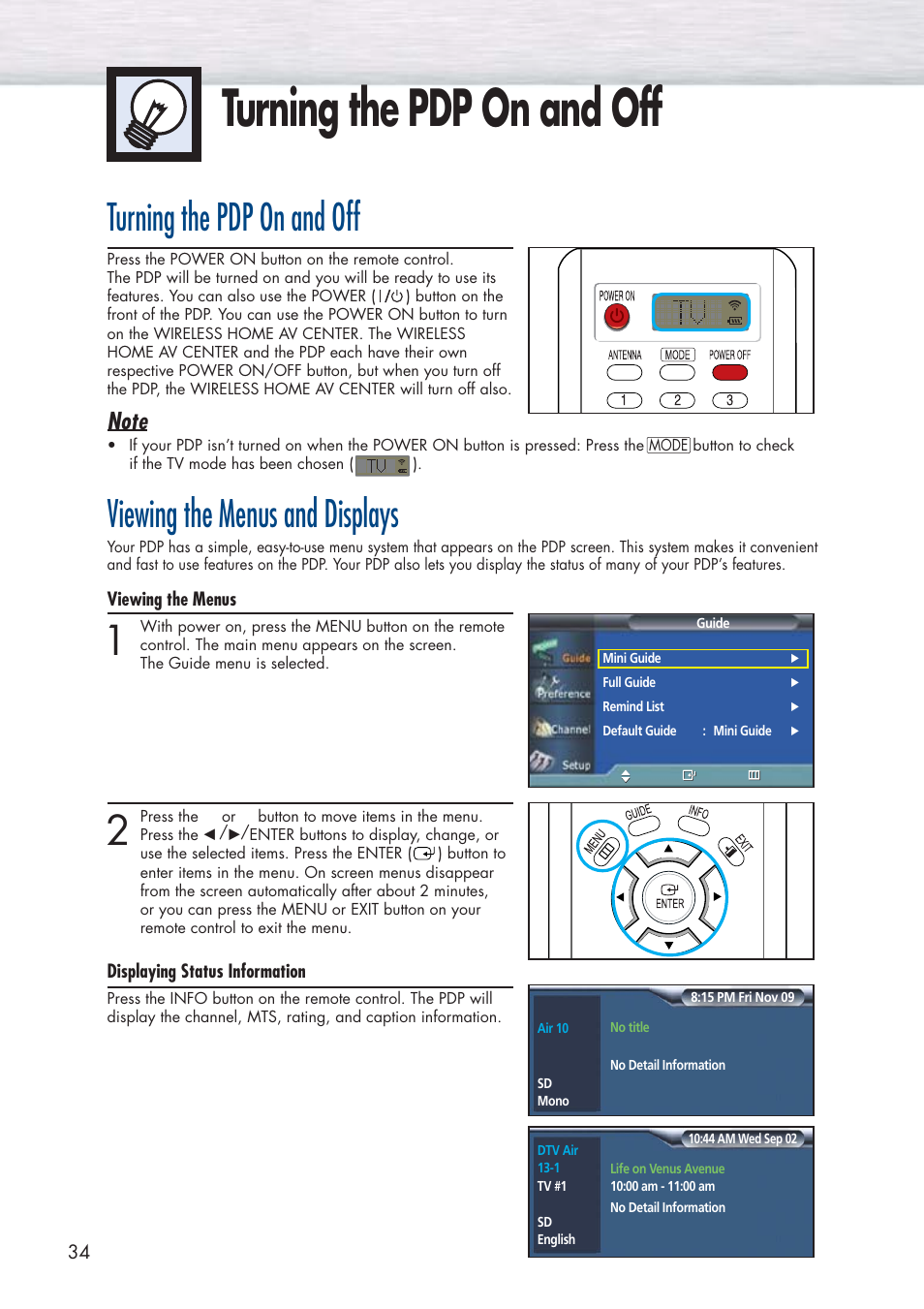 Turning the pdp on and off, Viewing the menus and displays | Samsung HPP5091X-XAA User Manual | Page 34 / 84