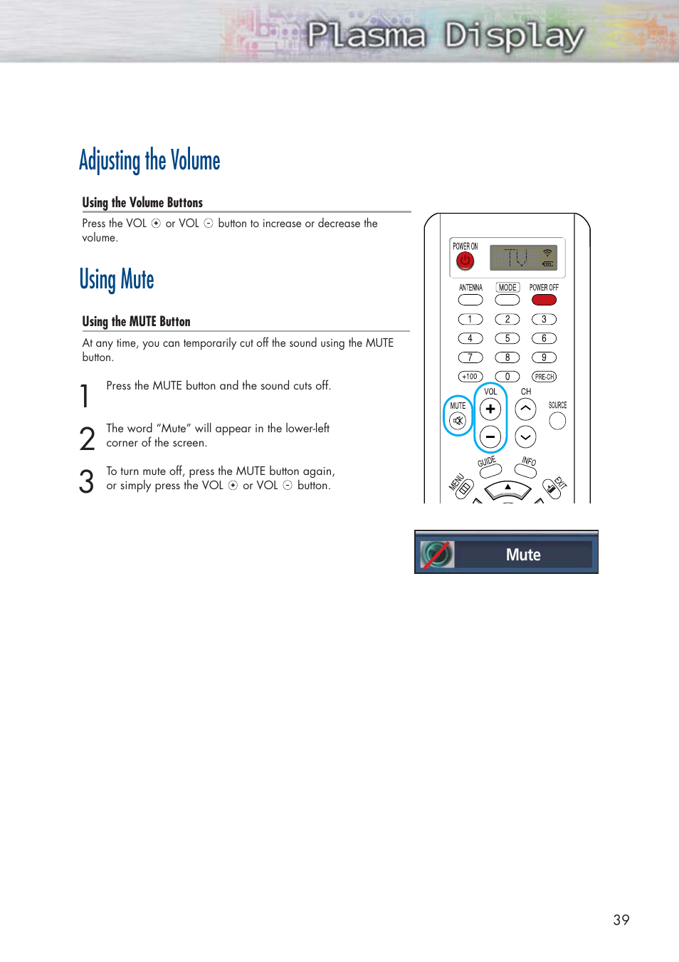 Adjusting the volume, Using mute | Samsung HPP5091X-XAA User Manual | Page 39 / 84