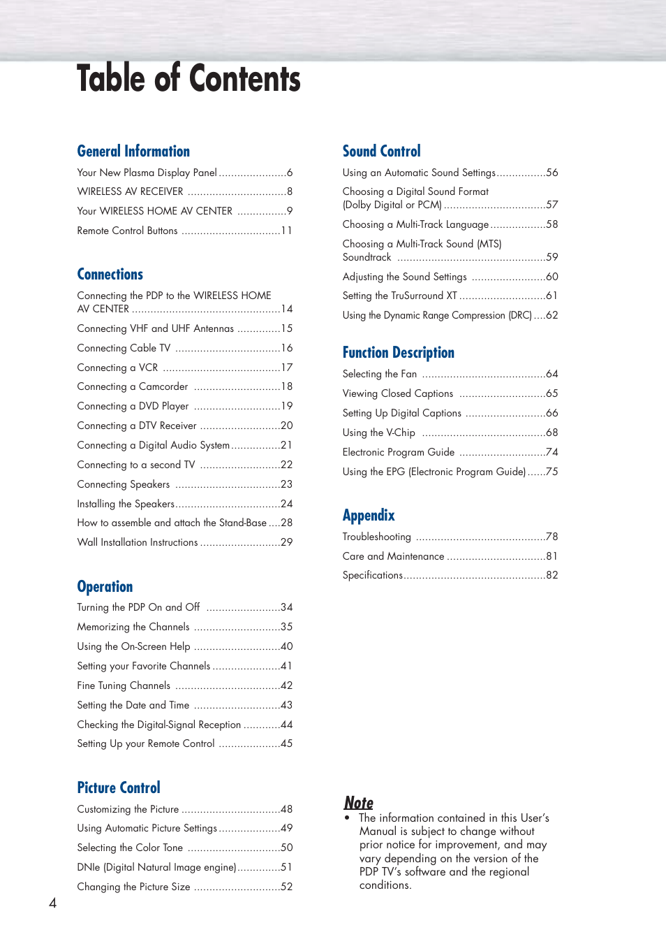 Samsung HPP5091X-XAA User Manual | Page 4 / 84