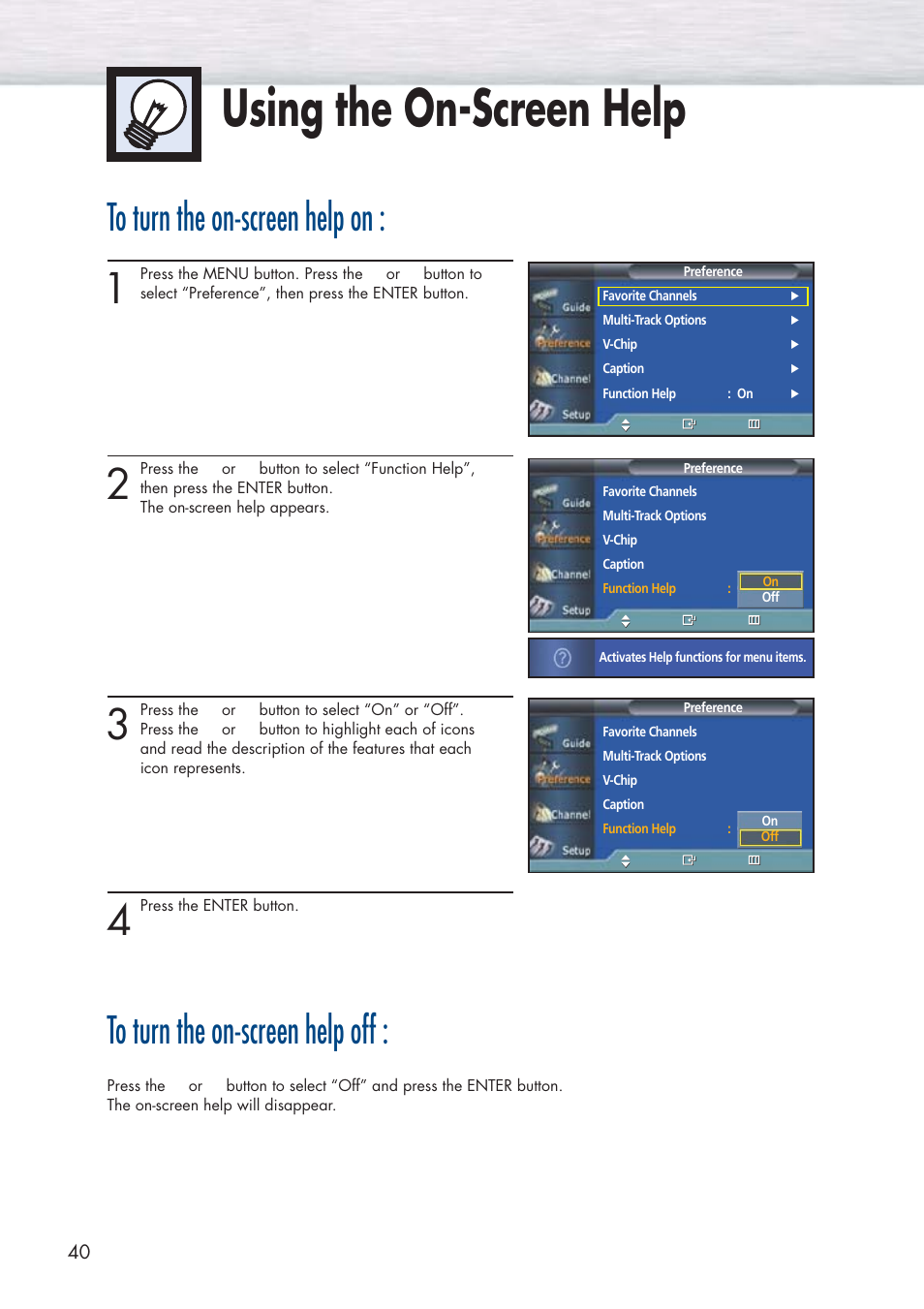 Using the on-screen help | Samsung HPP5091X-XAA User Manual | Page 40 / 84