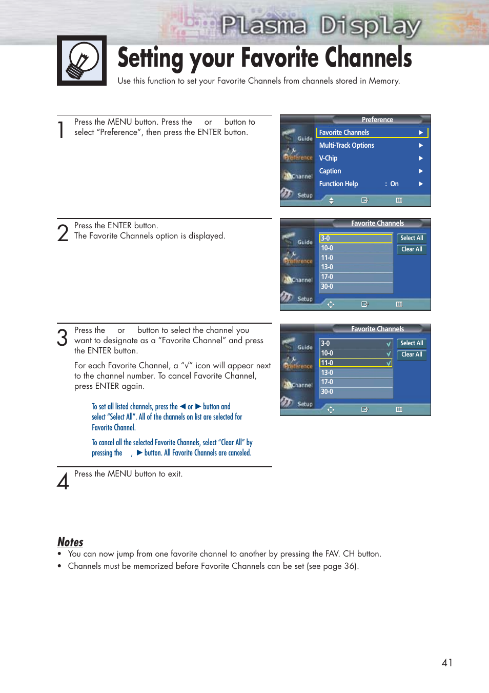 Setting your favorite channels | Samsung HPP5091X-XAA User Manual | Page 41 / 84