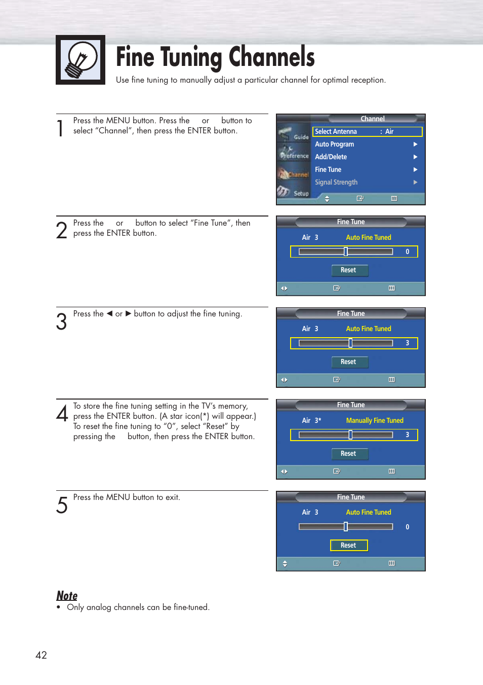Fine tuning channels | Samsung HPP5091X-XAA User Manual | Page 42 / 84