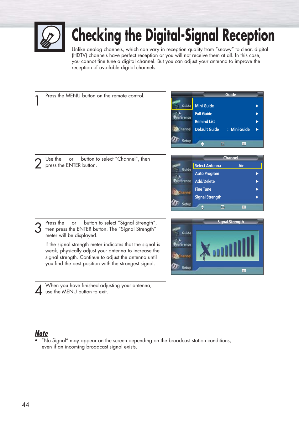 Checking the digital-signal reception | Samsung HPP5091X-XAA User Manual | Page 44 / 84