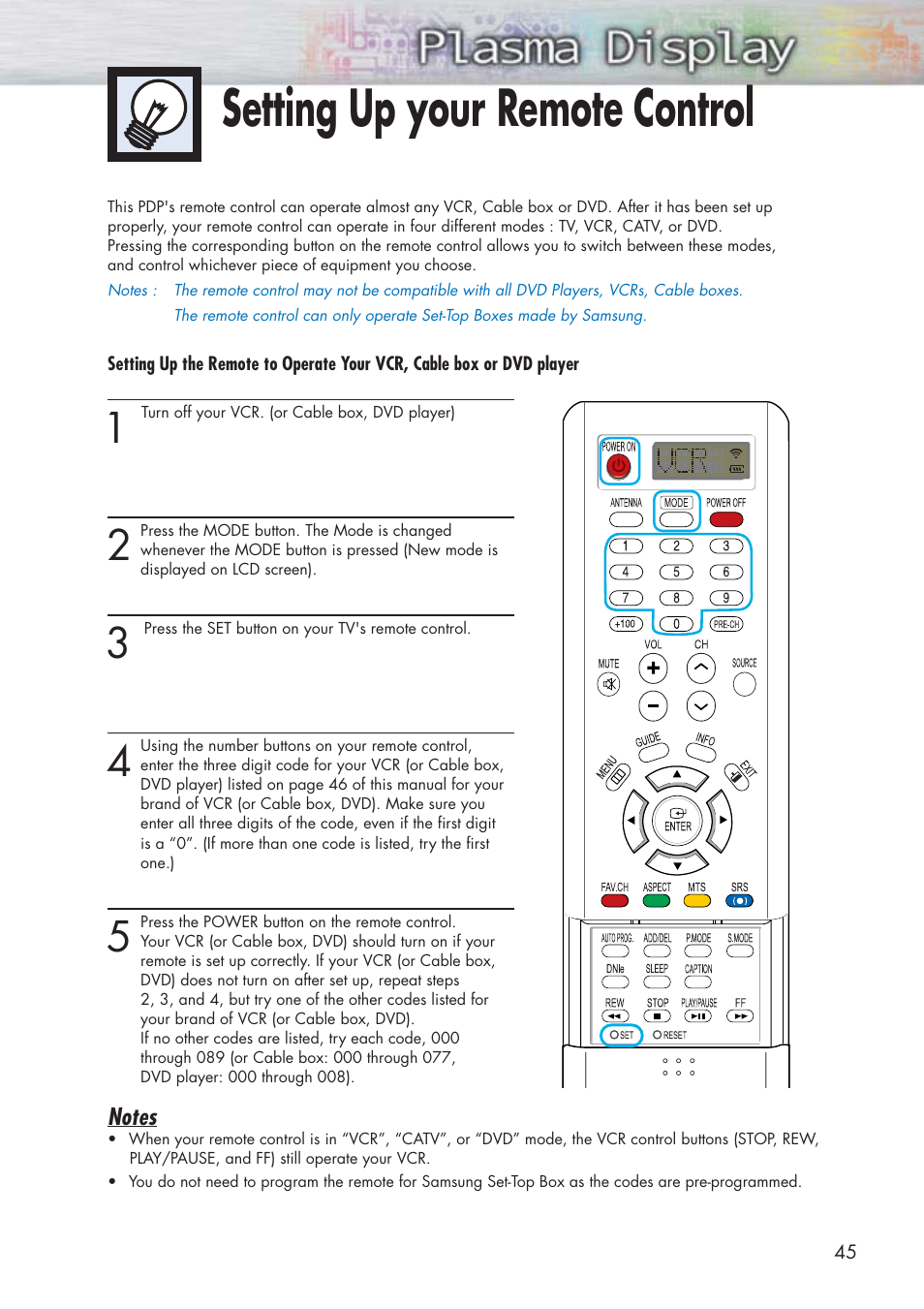Setting up your remote control | Samsung HPP5091X-XAA User Manual | Page 45 / 84