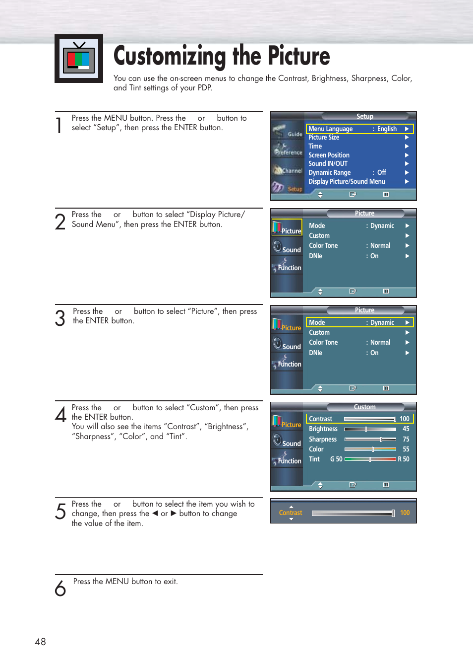 Customizing the picture | Samsung HPP5091X-XAA User Manual | Page 48 / 84