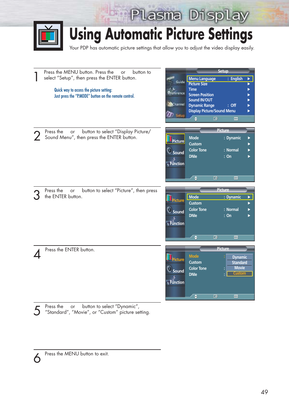 Using automatic picture settings | Samsung HPP5091X-XAA User Manual | Page 49 / 84