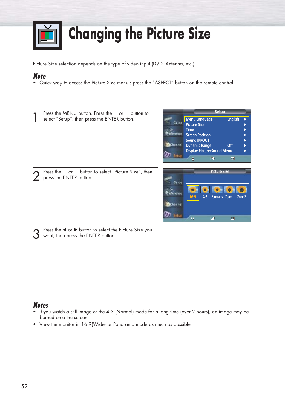 Changing the picture size | Samsung HPP5091X-XAA User Manual | Page 52 / 84