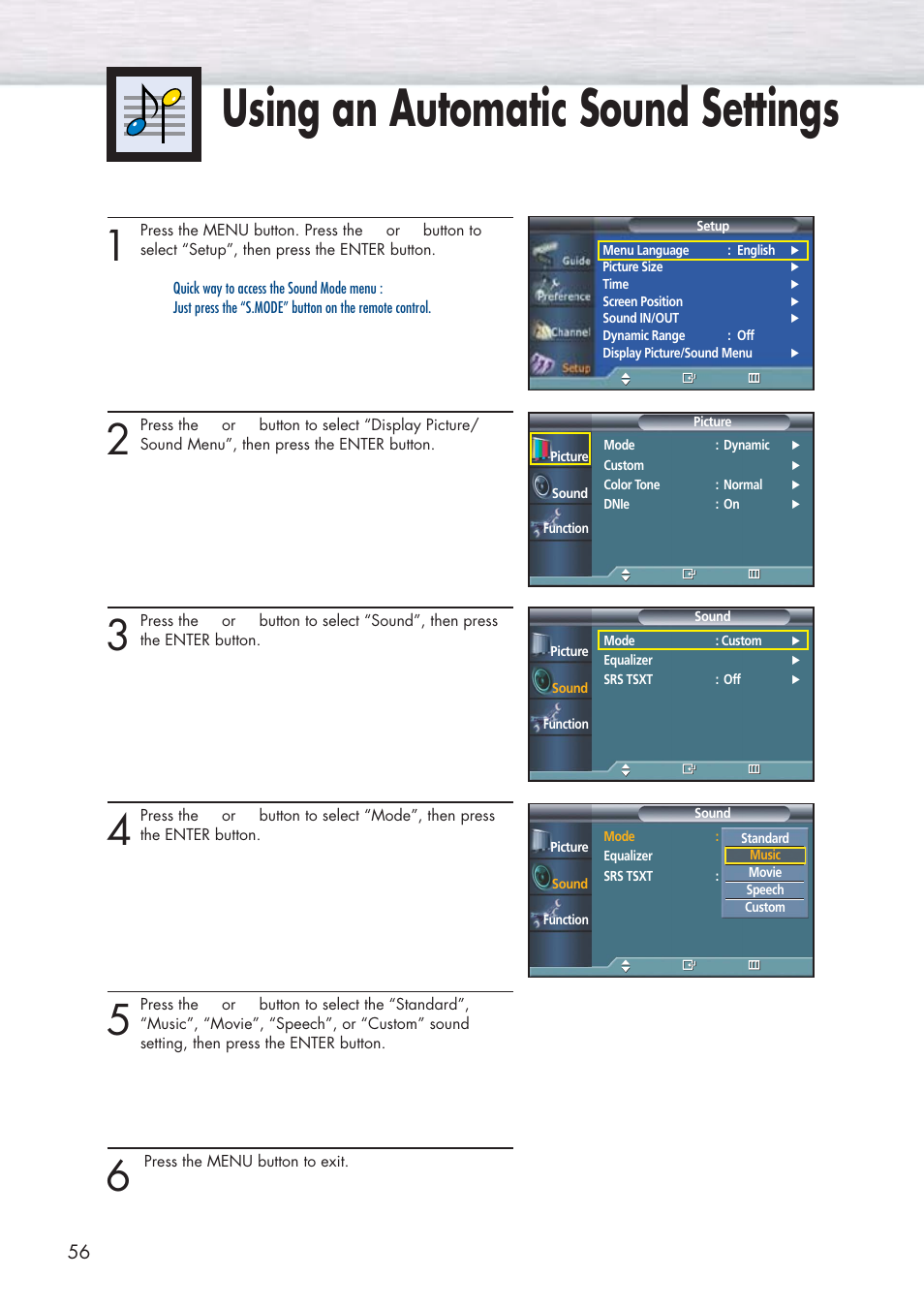 Using an automatic sound settings | Samsung HPP5091X-XAA User Manual | Page 56 / 84